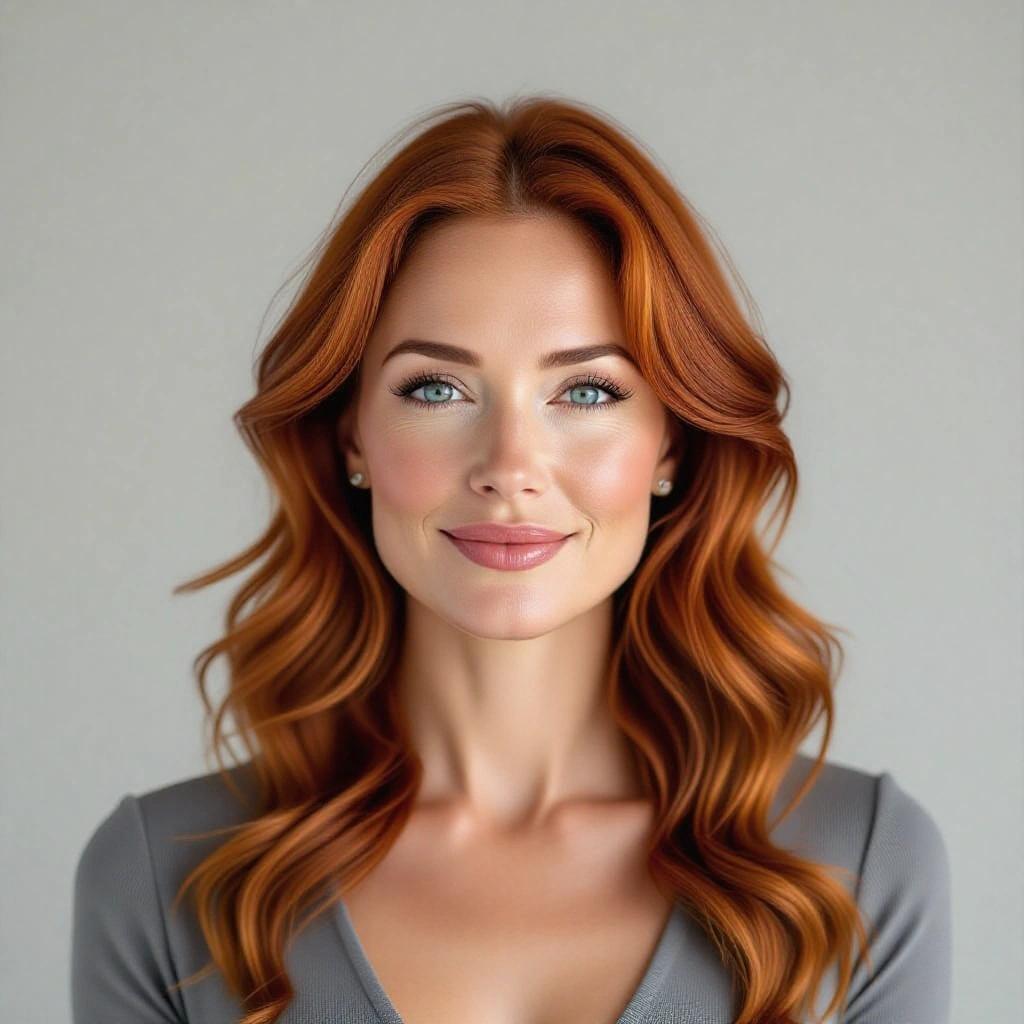 Photorealistic headshot showcasing a confident mature woman. Hair is long and wavy, colored red. Eyes are blue with visible emotional depth. Lips are full with a subtle smile. Skin showcases realistic pores and texture. Dressed in a form-fitting gray bodysuit, captured in even studio lighting with sharp focus.