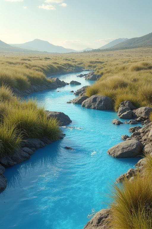 Surface water flow model featuring a river with vibrant blue water surrounded by grass and mountains. Rocks line the water's edge in a natural landscape. Soft sunlight enhances the scene's beauty.