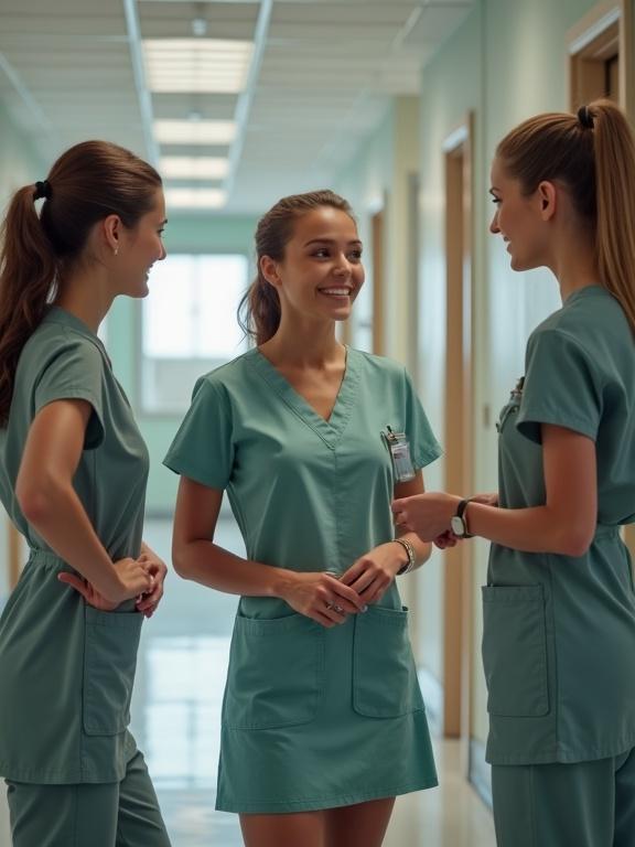 Three beautiful nurses are engaging in a friendly conversation. They wear teal uniforms and are in a hospital corridor.