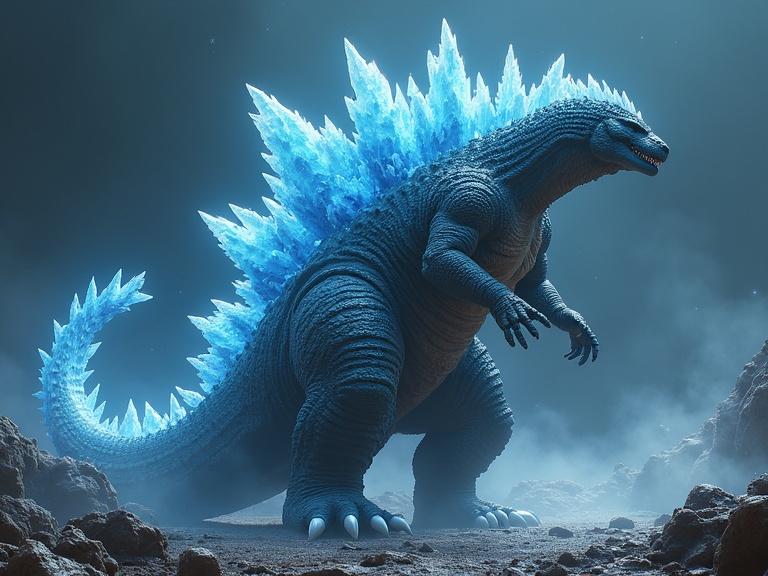 Create an image of a Space Godzilla featuring crystal dorsal spines and small crystals growing from the body with high details and realism