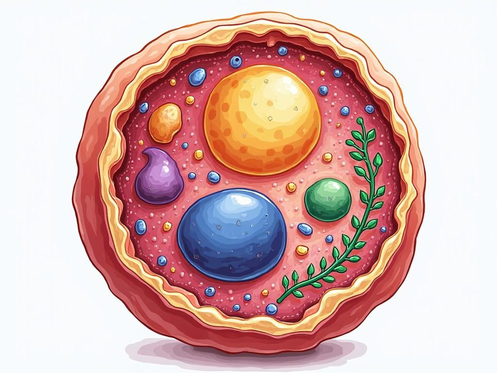 Illustration of a cross-section of a cell with colorful organelles