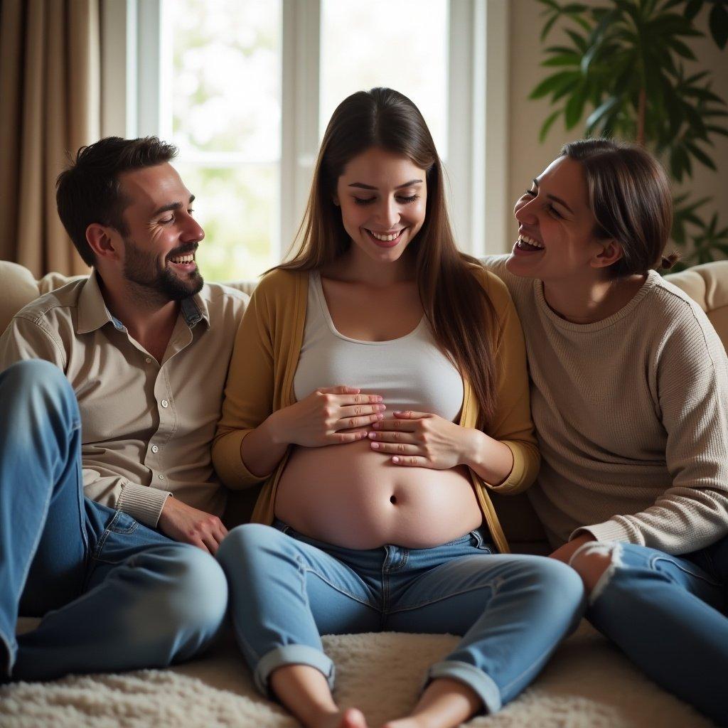 Three people in a warm indoor setting. A pregnant woman in a yellow cardigan sits on a couch. She smiles while caressing her belly. Two people beside her, a man and a woman, are laughing and enjoying the moment. They appear happy and engaged.