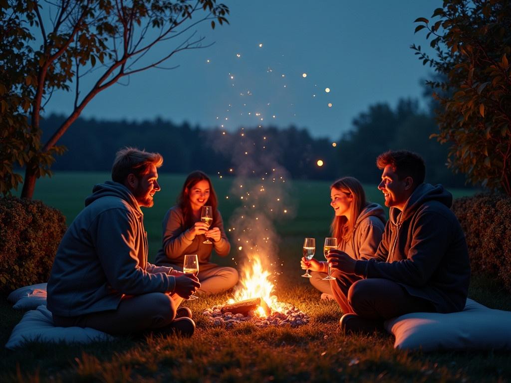 Futuristic New Year's Eve gathering friends and family gathered around a fire pit in the garden. It is midnight with stars in the sky and fireworks in the background. The garden is in the countryside surrounded by fields and trees.