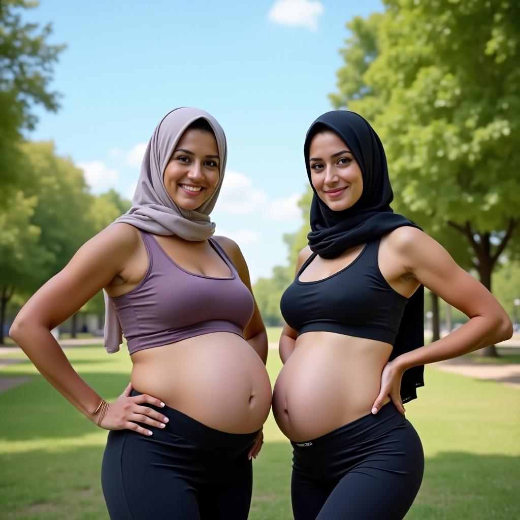 Two pregnant women wearing hijabs and sports bras stand in a park. They are both looking at the camera. Natural setting with green trees. Women are styled in athletic wear.