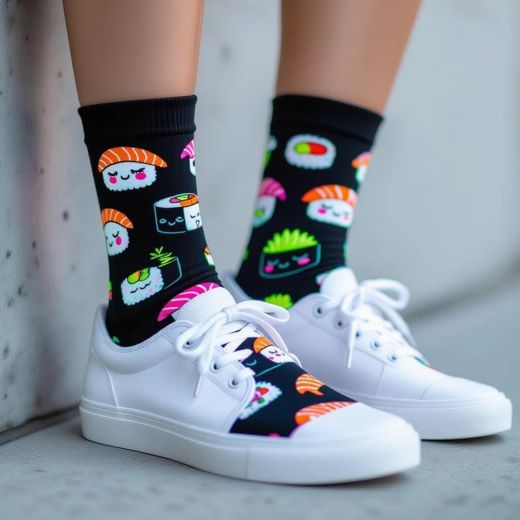 Close-up product shot of no-show socks with glowing sushi patterns. Socks peek from white sneakers. Low-cut design features cute sushi rolls with faces. Salmon nigiri has rosy cheeks. California rolls have sleepy eyes. Wasabi has spiky hair. All in electric neon colors. Black fabric with glowing outlines. Back heel and small side visible above sneaker line. Feet positioned relaxed. Minimalist concrete background. Subtle texture. Cool-toned LED lighting creates atmosphere. Clean white sneakers highlight colors. Photographed from ankle level. Playful peek-a-boo effect. Contemporary street style photography.