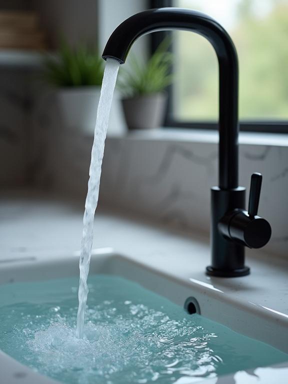 Water flows smoothly from a modern touchless faucet into a clean sink. The setting features a stylish kitchen with a minimalist design and natural light.
