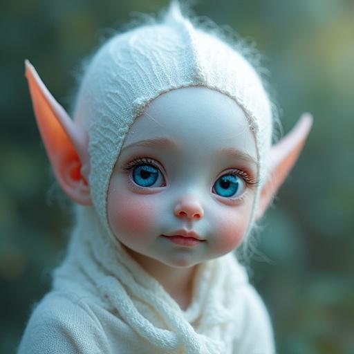 Newborn female elf with sky-blue eyes and white skin. Elf with pointed ears and soft expression. Light background with a gentle and whimsical theme.