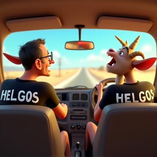 Cartoon style imagery shows interior view of a car. It features an older man with large ears and a goat-headed character. Both wear black t-shirts with 'HELGOS'. The man drives joyfully, and the goat sings or yells. The scene reflects a fun road trip vibe with bright colors in daylight.