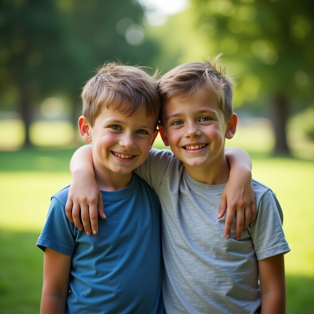 Two boys embrace each other smiling in a green outdoor setting. Bright sunlight and a soft-focus background create a warm inviting feel. Boys wear casual blue and gray t-shirts.