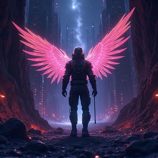 Futuristic album cover featuring a figure in a spacesuit with neon pink wings. Cosmic cityscape in the background. Text reads DJ Toptronixx Ascend.