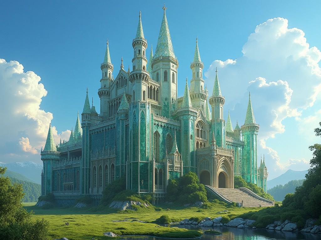 This image depicts a magnificent, otherworldly castle set against a clear sky. The architecture features tall spires and intricate designs, suggesting a fairytale aesthetic. Surrounding the castle is lush greenery and serene waters, enhancing its magical atmosphere. The castle shimmers with shades of turquoise and emerald, reflecting a mystical vibe. Overall, it invokes themes of adventure and fantasy, inviting viewers to explore its enchanting domain.