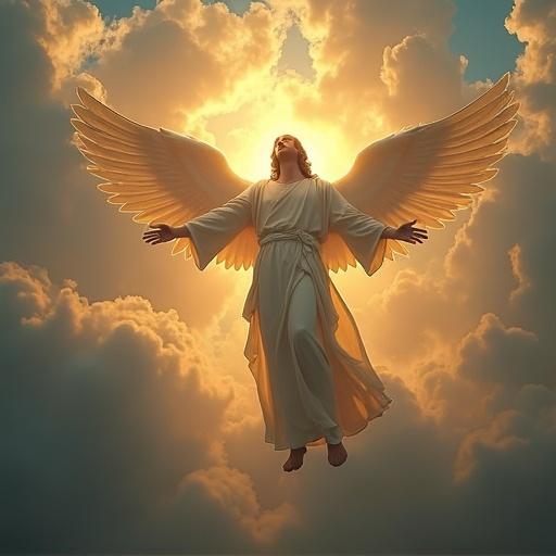 Image of an angel in the sky with radiant light. Angel depicted with large wings and serene expression. Soft clouds in background. Ethereal atmosphere with bright illumination.