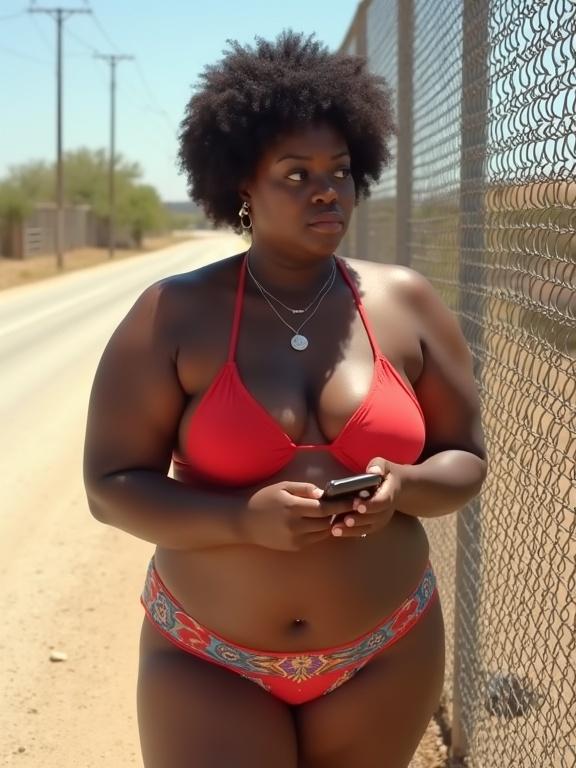 A curvy black woman with a short afro wearing a red bikini top. She is standing in front of a chain-link fence at a dusty roadside. Sunlight is shining. She is holding a phone and looking bored.