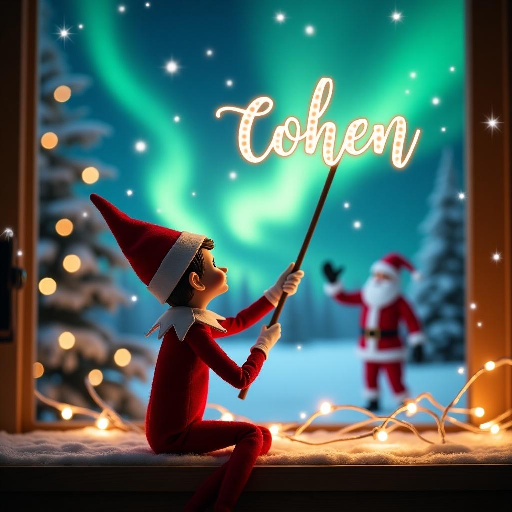 Elf on the shelf faces the sky. Elf wears red outfit and pointed hat. Elf uses wand to write Cohen in elegant cursive. Background showcases magical Christmas scene with northern lights. Santa appears in background. Cozy window displays snow-covered trees and twinkling lights. Scene captures holiday spirit.