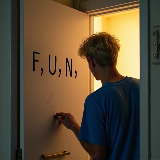 Blonde person at a door writing F U N N. Door is open with light shining through. Person is stylish and casual. The text is artistically arranged.
