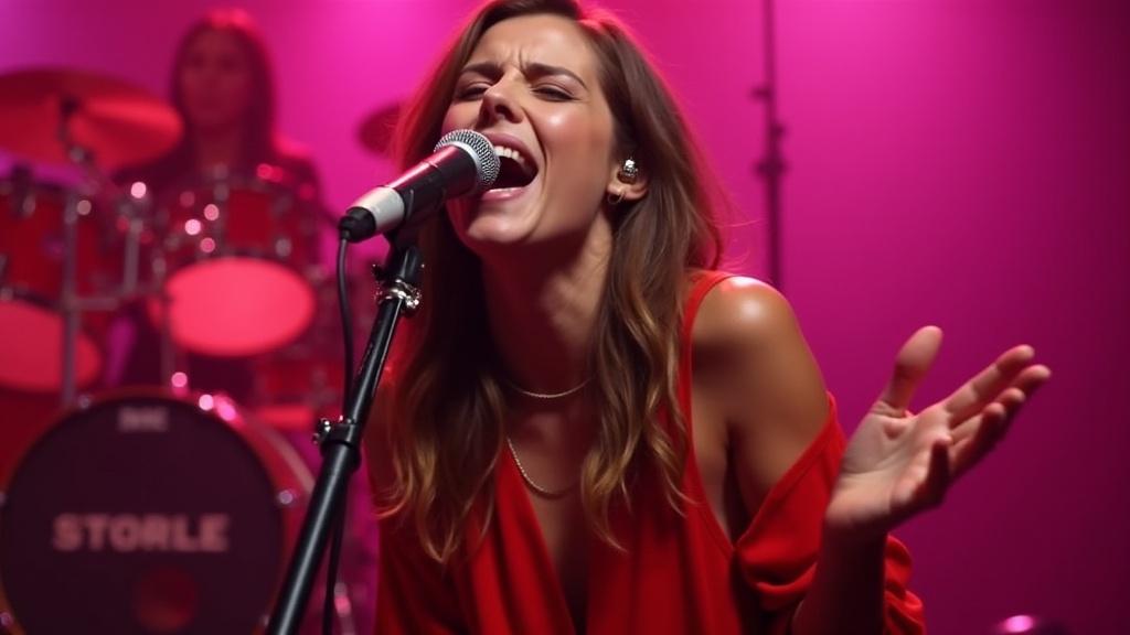 Close-up of a passionate performer mid-song. They radiate intense emotion with slightly parted lips and closed eyes. The performer leans dynamically toward the microphone. Their expression conveys raw energy and emotional connection to the performance. Dressed in vibrant red stage clothing. The dramatic lighting creates a captivating atmosphere. Silhouettes of musical instruments in the background enhance depth. Sharp rim lights outline features against soft pink hues. Shallow depth of field keeps focus on the performer's expressive form.