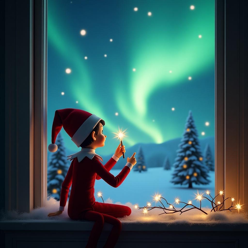 The image features a young elf sitting on a windowsill, gazing in wonder at the northern lights illuminating the night sky. He is dressed in a festive red outfit, complete with a pointy hat. In his hand, he holds a wand, creating magic by writing the name 'Clara' in the sky. Snow-covered pine trees dot the landscape outside. The scene is cozy and whimsical, embodying the spirit of Christmas. The warm glow from the window adds to the magical atmosphere of this holiday moment.