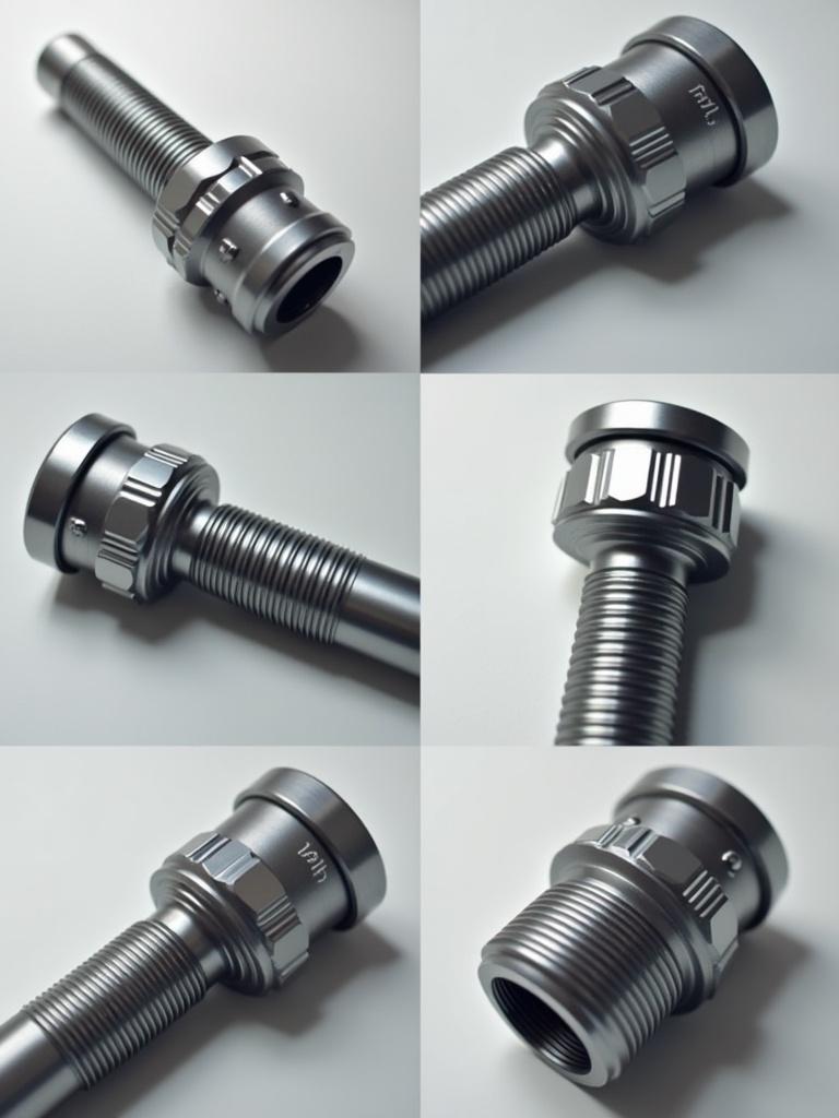 Show product with multiple angles highlighting threaded connector features. Focus on detailed view. Use soft lighting to emphasize structure.