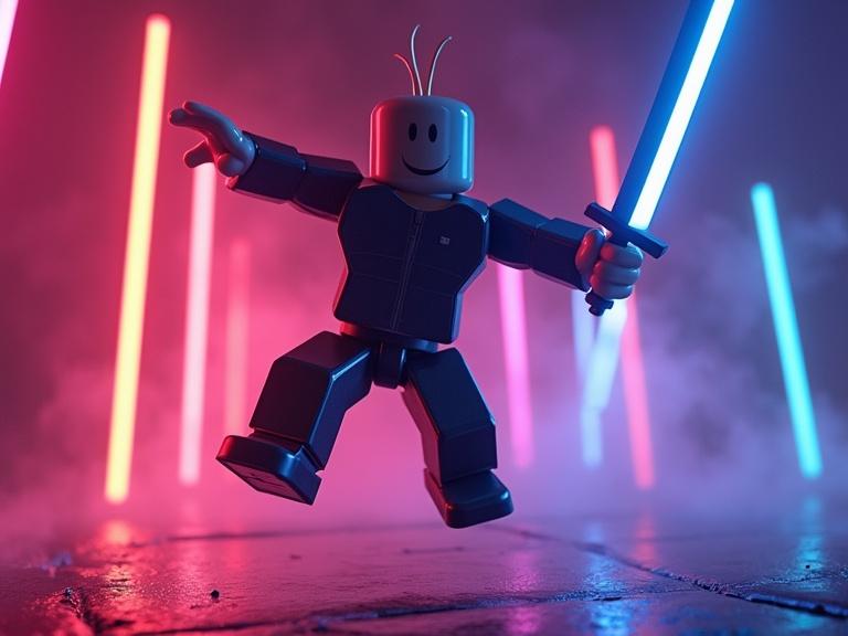 Roblox character performs backflip. Character holds a sword. Neon lights enhance visual appeal. Background features colorful lights with smoke effect.