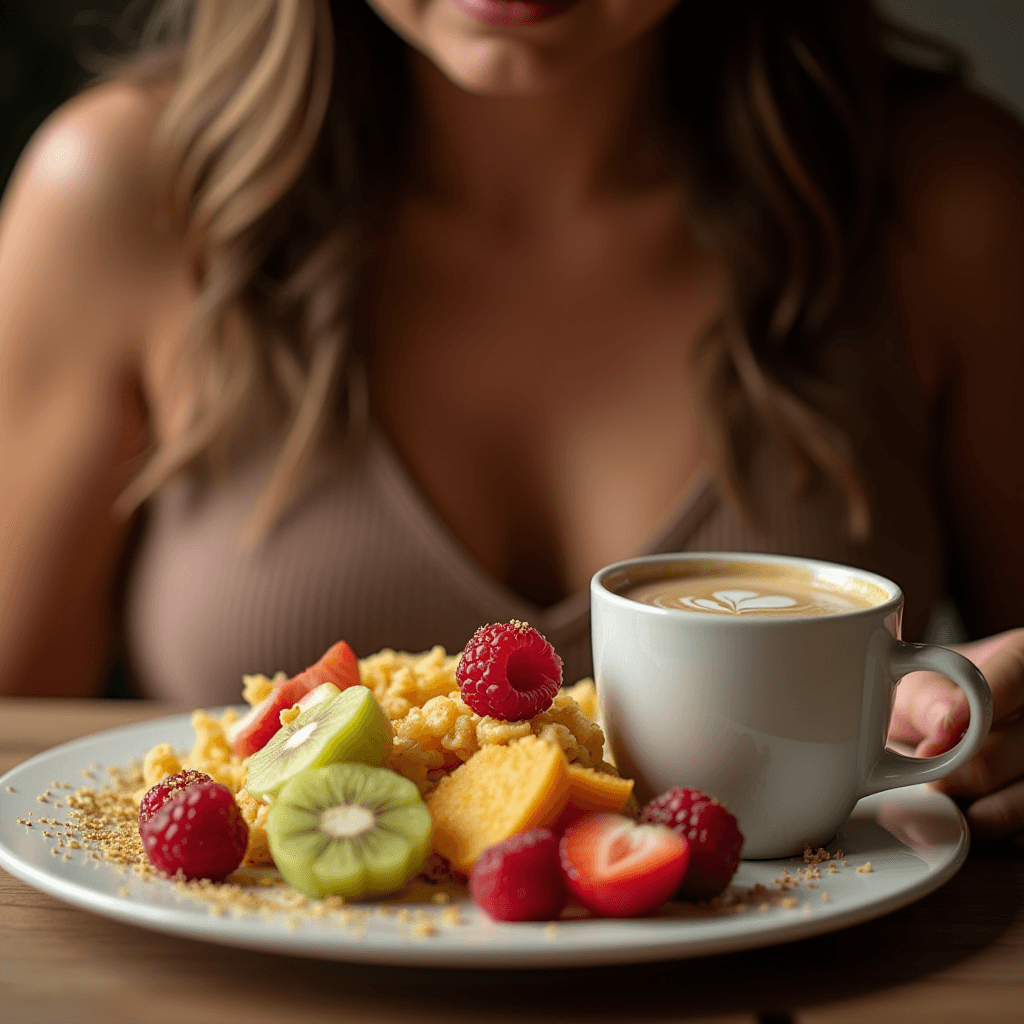 A person enjoys a colorful breakfast with coffee and fresh fruits.