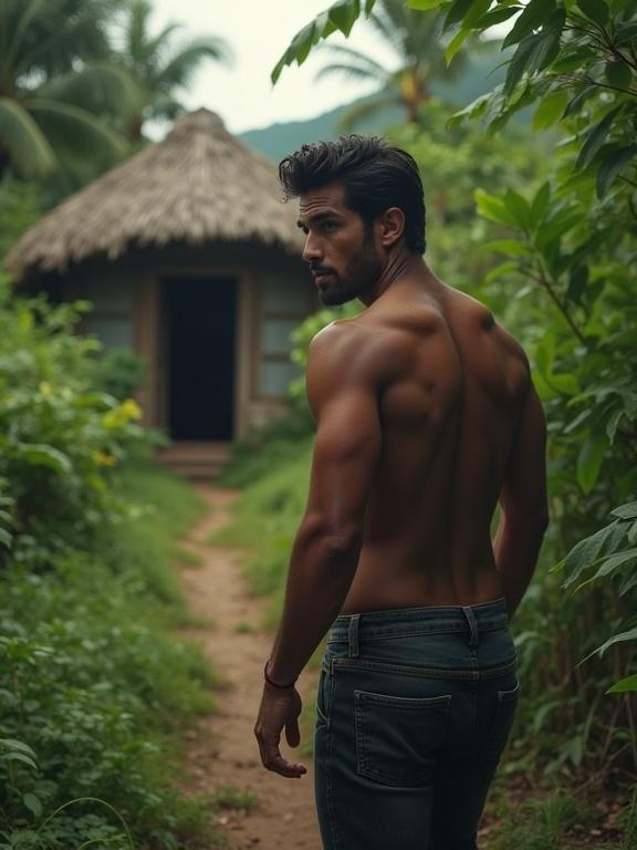 Handsome Latino man walks towards a house in the jungle. He looks back at the camera. He conveys a sense of fear while walking on a dirt path surrounded by lush greenery.