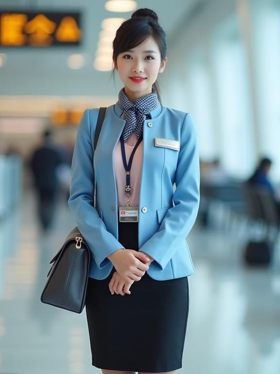 Full body in frame image of late-20s East Asian female airport ground staff. Dressed in blush-pink long-sleeve button-up mandarin-collar chiffon blouse and azure-blue round-collar blazer. Black pencil skirt and pantyhose. Wears closed-toe low-heel pumps. Hair styled in bun with light makeup and red lips. Silver name tag on blazer and black lanyard with ID badge. Dark-blue gingham scarf around blouse collar. Dark-grey satchel slung over shoulder. Standing straight with hands clasped in airport terminal
