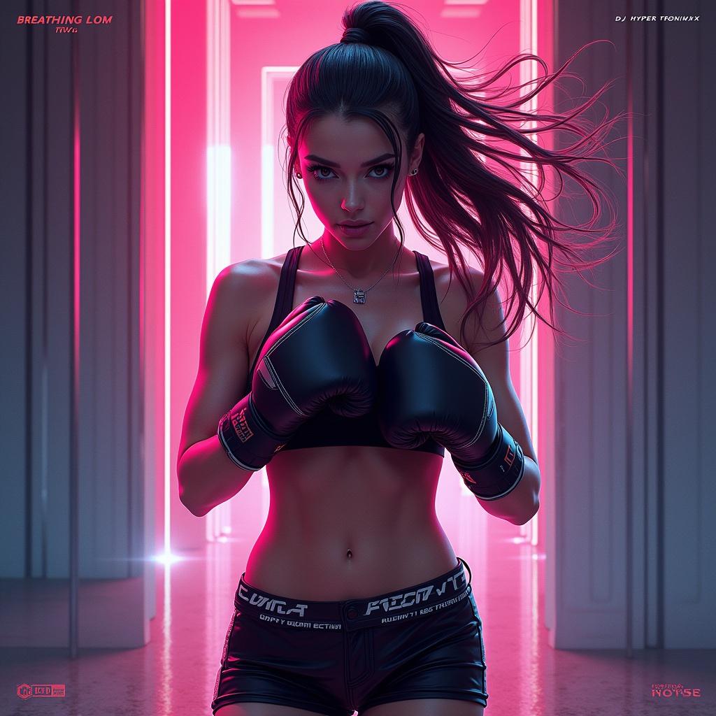 Complex futuristic art featuring a fit woman boxing with gloves. Album cover for DJ Hypertronixx titled Breathing Low. Neon pink ambiance with a strong visual presence.