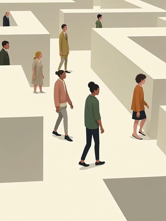 Minimalist flat vector illustration of diverse characters walking in a maze with high walls. Characters walking in various directions. Exaggerated silhouettes with long limbs and blocky shapes. Clothing in neutral colors. No hyperrealism; editorial style.