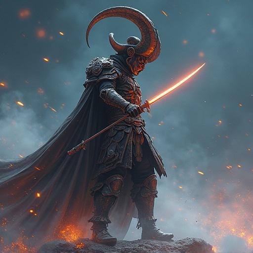 A futuristic warrior stands confidently in a fantasy landscape. The warrior wears ornate armor with a flowing cape. A glowing sword is held high. An atmosphere of battle surrounds the warrior with smoke and embers. The scene conveys strength and heroism.