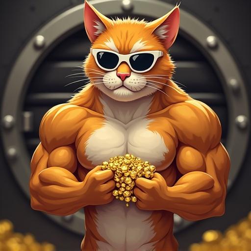 Meme coin cartoon theme featuring a muscular cat with a serious face wearing white shades. The cat is holding gold in front of a bank vault background.