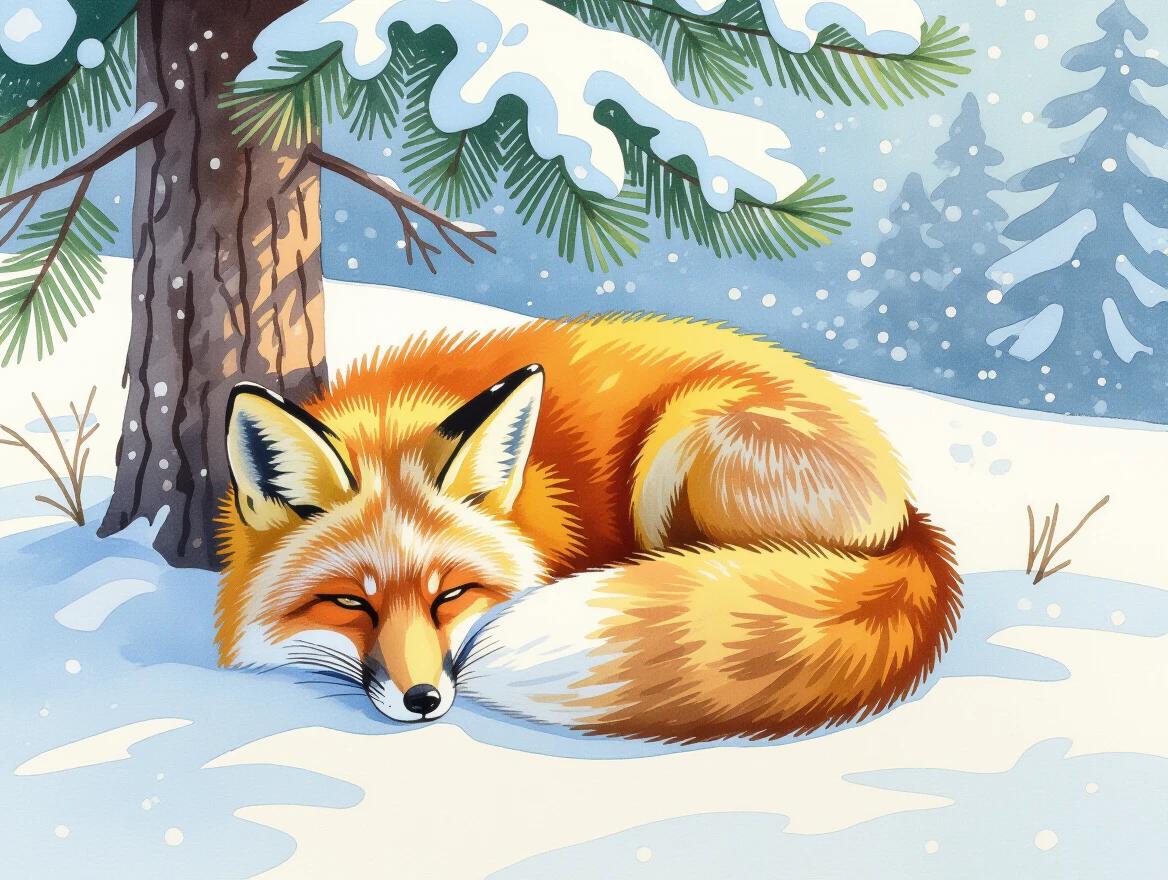 A watercolor painting depicting a fox curled asleep in the snow below a pine tree. The scene is serene with fluffy snow covering the ground and tree branches. The fox has bright orange fur with white accents, eyes gently closed, resting peacefully.