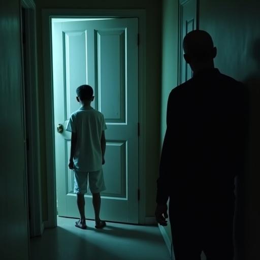 A cinematic night scene depicts a hallway with a door. A young boy in white stands behind the door. A man in black looms nearby, appearing frightening.
