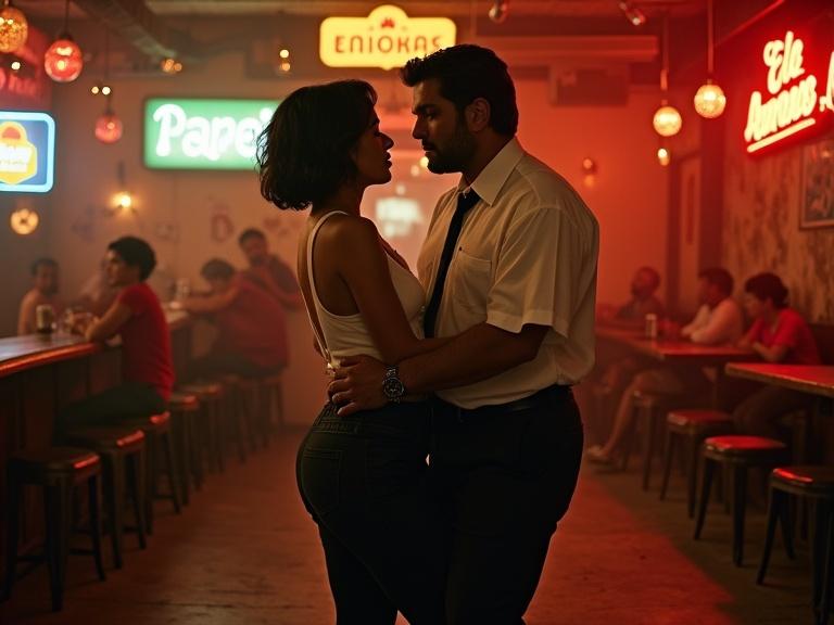 Vibrant cinematic scene recreating iconic dance from Pulp Fiction. Mia and Vincent dance at El Partenón bar in Monterrey. Mia styled in black cropped pants and white loose shirt. Vincent wearing black suit and tie. Warm lighting and vintage decor reflect 90s vibe. Local patrons observe with mixed emotions, creating intimate yet cool atmosphere.