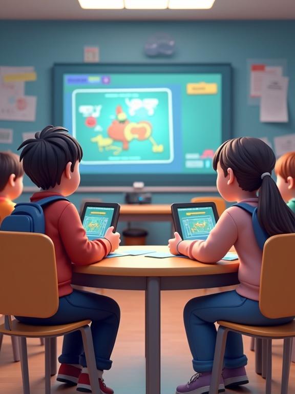 Image depicting a classroom with students participating in a gamification activity. Students seated at a round table, using tablets, with a screen displaying educational content in the background.