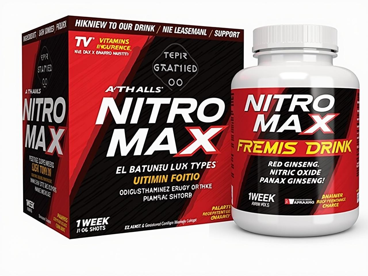 This image showcases a product called Nitro Max, which is marketed as a vitamins and nutrients support drink. The main ingredients highlighted are red ginseng, nitric oxide, and Panax ginseng, suggesting benefits related to energy and vitality. It emphasizes that this drink is a vitamin energy drink designed for enhanced performance. The packaging mentions a regimen of one week with four shots, indicating a suggested usage plan. The dominant color scheme is red and black, giving it a bold and eye-catching appearance.