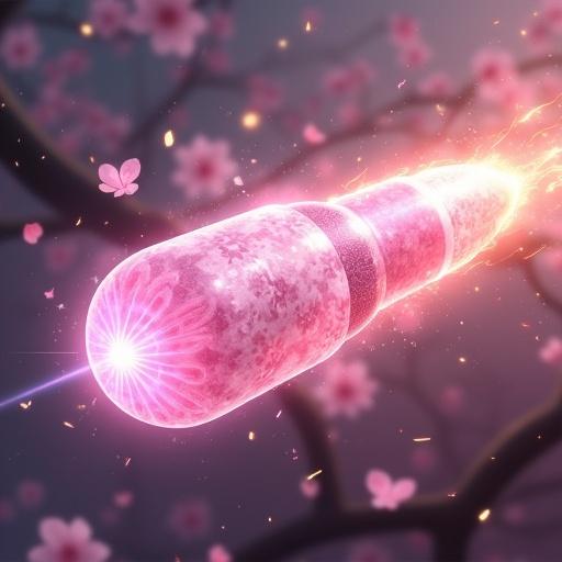 Close-up view of a beautifully crafted magical bullet with pink and white energy. Intricate cherry blossom patterns are engraved on its surface. The bullet has a crystalline texture and an elegant design. It floats in mid-air surrounded by sakura petals. The scene has soft ambient lighting in a semi-realistic anime style.