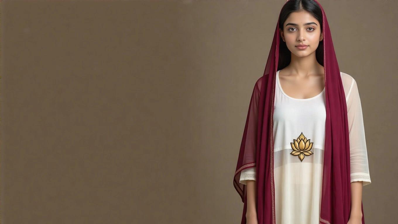 Photorealistic image of a young woman in a knee length sheer cotton kameez with a maroon dupatta draping from her shoulder. Maroon pants and white sneakers. White rectangle name tag on her shoulder with a golden lotus crest above. Sheer fabrics revealing a low cut tank top. Fair skin and silky black hair. Measurements 34-26-38.