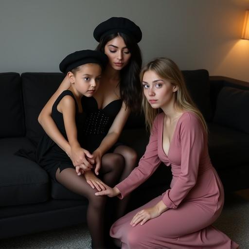 A beautiful woman in her forties wearing a black corset, black leather mini-dress, black beret, and brown stockings sits on a black sofa. She holds her daughter on her knees. The daughter, eighteen years old, dresses in a black leotard, a black beret, and black tights. A blue-eyed blonde woman sits in front wearing a pink long-sleeve dress. The scene displays a family moment with elegant fashion choices.
