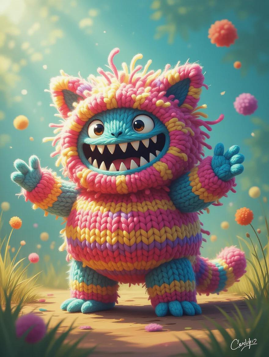A cute fluffy yarn monster crafted from textured yarn pom poms. The monster has exaggerated proportions. A fluffy yarn body and small sharp teeth. It poses in a vibrant colorful environment. Shows a playful innocent demeanor.