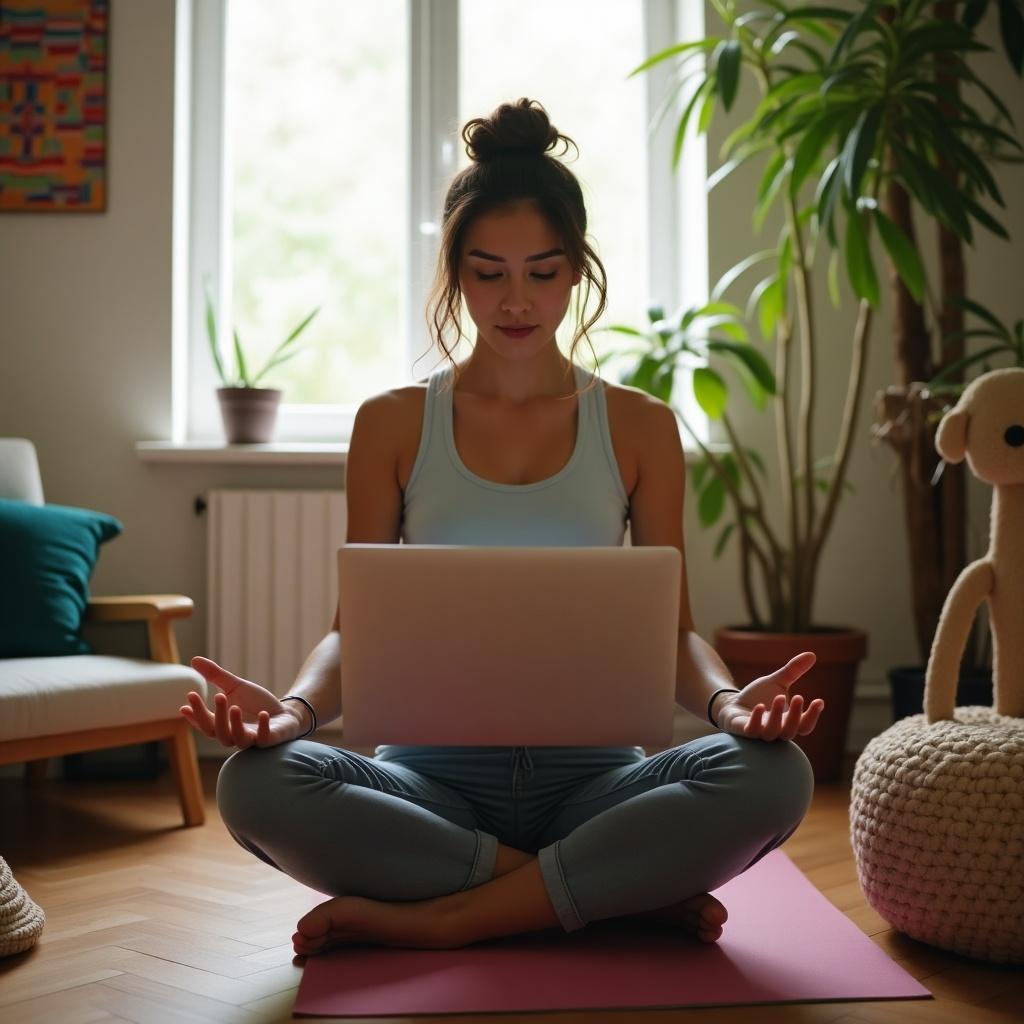 A girl working from home in a yoga position on a chair. A laptop is in her lap. Indoor plants decorate the background. Natural light illuminates the space.