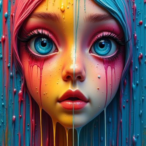 Colorful melting wax portrait. Girl's face with vibrant blue and pink hair. Colors trickle down creating an artistic effect. Dramatic dripping wax represents emotions.