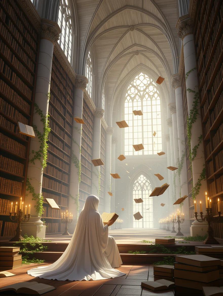 A vast abandoned library cathedral with towering bookshelves disappearing into mist. An elderly woman in ivory robes reads by the glow of floating candles. Thousands of books levitate around her. Pages turn occasionally. Golden particles swirl through shafts of dusty sunlight. Ivy and vines reclaim marble columns. Style blends romantic sublime architecture with magical realism. Captures beauty and melancholy.