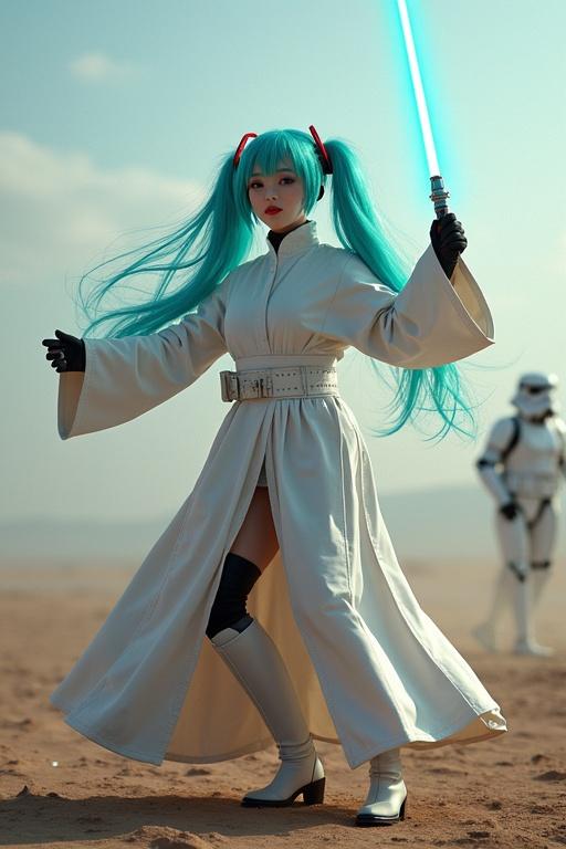 Hatsune Miku dressed in a stormtrooper robe has turquoise hair. She holds a turquoise lightsaber. She appears to dance and sing on a battlefield environment.