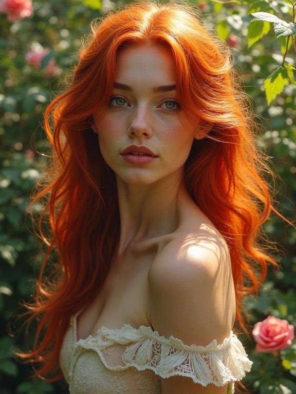A striking image featuring a radiant woman with vibrant red hair in a lush garden. Details emphasize hyperrealism and a colorful palette, evoking a romantic painting style.