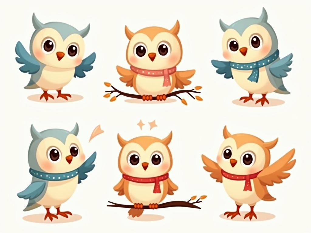Create a cute cartoon owl character named Leo with a friendly and curious expression. Use big round eyes and soft pastel colors like light blue, beige, and orange. Leo wears a small scarf and is illustrated sitting, standing, flying, and pointing with his wing. The character sheet includes multiple poses and maintains a consistent style with a simple background, creating a warm and inviting atmosphere suitable for children's books.