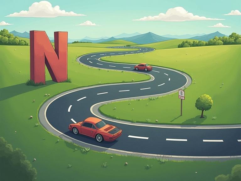 A winding road forms a large letter 'N'. A small car drives along the road. A large nose appears at the end of the road.