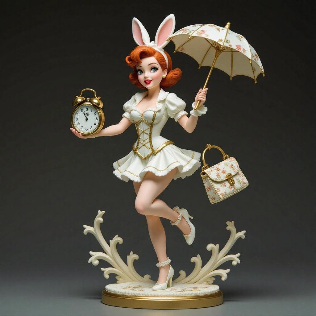 Highly detailed resin sculpture of a stylized young woman in motion. She has a hurried expression as if running late. One leg is forward and body leaning slightly, looking at a clock. She holds a large pocket watch and a closed umbrella. Wearing a sexy reinterpretation of a bunny costume with a corset and bolero. Accessories include ankle boots and long bunny ears. Her hair is very light blonde in loose waves. The base features gears, flowers, and a sign that reads 'Too Late'. The overall design conveys energy and playfulness.