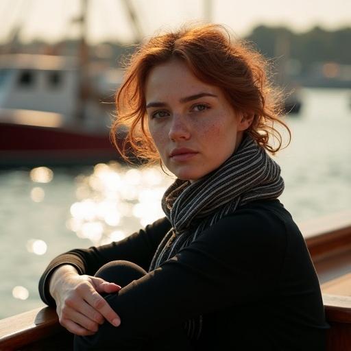 A woman with reddish-brown hair and freckles sits on the deck of a boat. She wears a black dress and a striped scarf. Her arms are wrapped around her knees. Blurred boats appear in the background. The reflection of the water shimmers. The lighting is soft and golden, indicating sunrise or sunset.