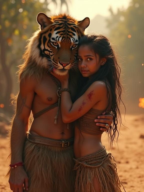 Dystopian scene with a young tribal woman wearing tattered clothing. She hugs a large friendly tiger healing her shoulder with his tongue. Cinematic lighting illuminates the scene with dust and smoke in the background. Emphasis on friendship and survival.
