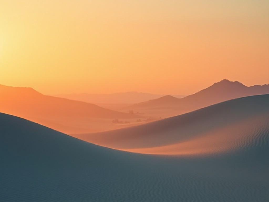 This image captures a breathtaking landscape reminiscent of the Thar Desert. The warm, earthy gradient transitions beautifully from sandy beige to a vibrant sunset orange, blending softly into dusk blue hues at the horizon. Rolling sand dunes create gentle waves across the terrain, inviting viewers into the serene desert atmosphere. The soft lighting enhances the natural beauty of the scene, creating a tranquil and captivating visual experience. This panoramic view highlights the vastness and solitude of the desert, evoking a sense of peace and wonder.